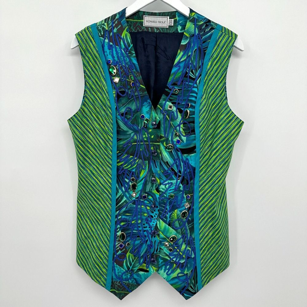 Vintage 90s Howard Wolf Vest Topper Size 12‎ Rhinestones Satin Detail Lined USA